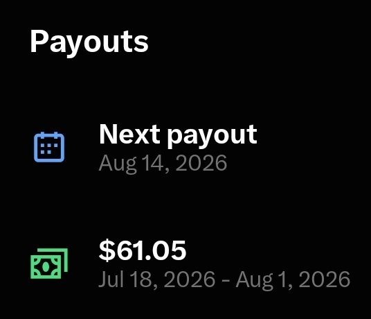 A payout screen showing a "Next payout" date of "Aug 14, 2026" and a current payout of "$61.05" for Jul 18 – Aug 1, 2026.