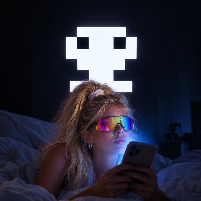 A woman wearing iridescent sunglasses lies in bed illuminated by phone light, with a glowing pixel-art skull displayed on the wall behind her.