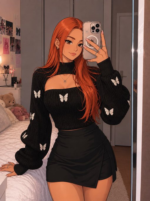 A digital illustration of a girl with long orange hair taking a mirror selfie, wearing a black sweater with white butterflies and a black skirt, with various stickers and photos on her closet door.