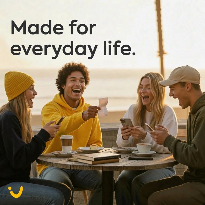A lifestyle advertisement reading 'Made for everyday life.' showing four young friends laughing together at an outdoor café table with coffee and phones.