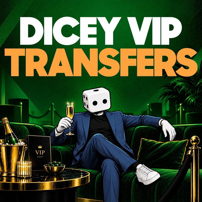 A dice-headed figure in a blue suit relaxes on a green velvet couch, holding a champagne glass beside a "VIP" menu and an ice bucket, under the bold text "DICEY VIP TRANSFERS," visually representing the concept of transferring VIP status to a new venue.