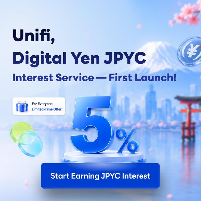 Promotional advertisement for Unifi's 'Digital Yen JPYC Interest Service' offering a 5% limited-time interest rate, featuring Mount Fuji and a torii gate in the background.