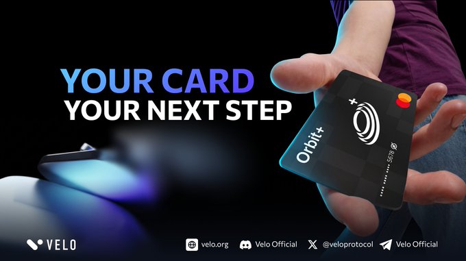 A hand holds an "Orbit+" card branded with Mastercard against a dark background, featuring the text "YOUR CARD YOUR NEXT STEP." Promoted by Velo, the ad encourages users to download the Orbit Plus app and sign up to receive $10 in rewards after reloading at least 10 USDC, available to the first 500 new users.