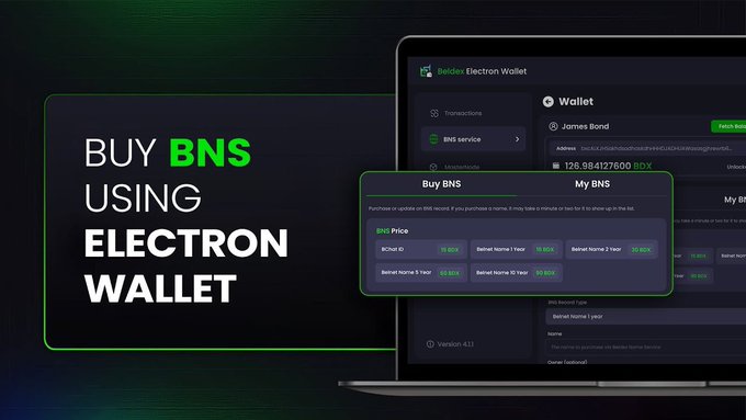 A promotional banner reading 'BUY BNS USING ELECTRON WALLET' showing a laptop screen with the Beldex Electron Wallet interface for purchasing Beldex Name Services.