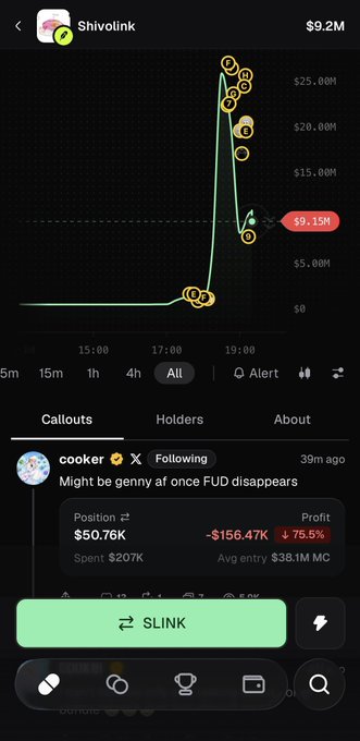 A mobile screenshot of a crypto tracker app showing the Shivocoin token chart with a -59.15% decline, displaying a callout from user 'cooker' showing a position of $50.76K with -$156.47K loss and a 75.5% profit indicator.