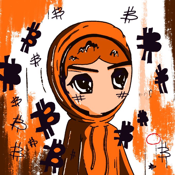A digital drawing of an anime-style character wearing an orange hoodie against a white background filled with black '#' hash symbols and orange paint streaks.