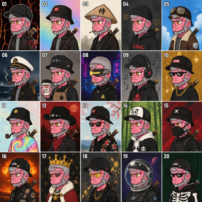 A grid of 20 numbered character illustrations depicting a bearded monkey in various costumes and styles, including a pirate, sailor, cyberpunk, astronaut, king, and punk, among other themed outfits.