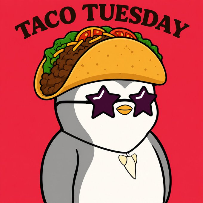 A cartoon penguin wearing star-shaped sunglasses and a taco shell hat is set against a red background with "TACO TUESDAY" text arched above. The playful image perfectly complements the "Gm web3 Happy taco tuesday" post with its fun, food-themed vibe for the weekly celebration.