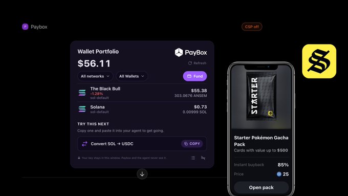 The image shows a promotional graphic for Paybox, featuring a "Wallet Portfolio" displaying a balance of $56.11 with tokens like "The Black Bull" ($55.38, 301.0676 ANSEM) and Solana ($0.73, 0.00999 SOL), alongside a mobile phone screen advertising a "Starter Pokémon Gacha Pack" with cards up to $500 at 85% instant buyback for 25, and a yellow "S" logo. The caption aligns with the post's giveaway announcement, highlighting the Paybox wallet platform used to distribute the $50 in ANSEM tokens to a follower.