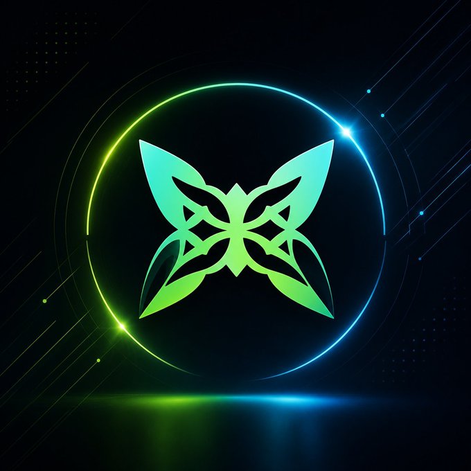 A stylized green butterfly-like emblem centered within a glowing circular frame, set against a dark background with neon blue and green lighting accents.