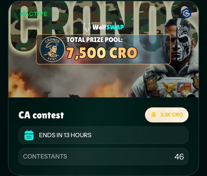 The image showcases a digital display with information about an upcoming contest, specifically the CronosArmy trading contest. The poster displays a picture of a man wearing camouflage clothing next to text that reads "@CronosArmy212 Total prize pool: 7,500 crook". There is also a timer displayed for the @CronosArmy trading contest ending in 13 hours. The post also mentions contestsants as well as a link to a video where they will be shown.