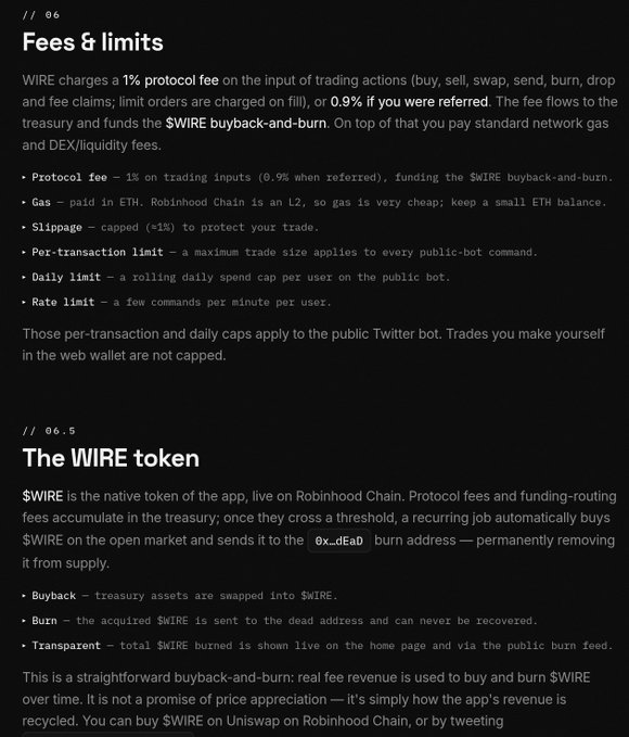 The image displays documentation about $WIRE's fee structure and tokenomics, explaining a 1% protocol fee on trading actions (0.9% if referred) that flows to the treasury for $WIRE buyback-and-burn, with additional details on gas fees, slippage caps, and transaction limits. It directly supports the post's claim by showing that all fee revenue is recycled into buying and burning $WIRE tokens via the 0x_dEaD burn address, creating a deflationary mechanism rather than a promise of price appreciation.