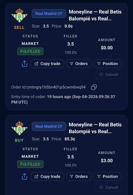 A sports betting app interface showing two fulfilled orders for Real Madrid CF: a SELL order at market 3.5 for $0.00 and a BUY order at 85.3¢ for $3.00, placed on Sep-04-2026.