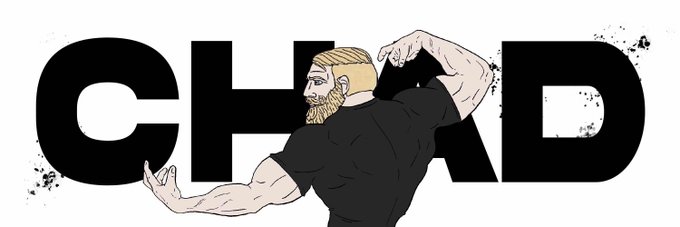 A muscular cartoon man with blonde hair and beard flexes in front of bold black letters spelling 'CHAD'.