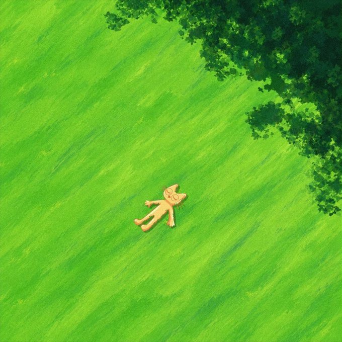 A tiny, carefree cat figure lies peacefully on a vast expanse of green grass beneath the shade of a tree, embodying the calm confidence of the "giga chad" who holds through market dips. The image contrasts the relaxed composure of seasoned holders with the post's commentary about impatient newcomers panic-selling the bottom before the recovery.