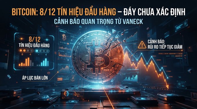 Vietnamese-language graphic about Bitcoin with text including 'BITCOIN: 8/12 TÍN HIỆU BÁN HÀNG – ĐÁY CHƯA XÁC ĐỊNH' and 'CẢNH BÁO QUAN TRỌNG TỪ VANECK'.