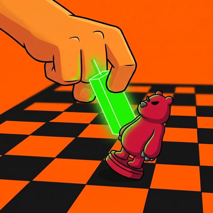 A cartoon hand descends with a glowing green laser beam to slice through a red bear chess piece on a black-and-orange checkered board, symbolizing the defeat of bearish market forces. The vibrant, stylized artwork reinforces the post's triumphant "checkmate bears, UP ONLY" message of a decisive bullish victory over market downturns.