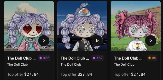 The image shows three NFT listings from "The Doll Club" collection priced at $27.84 each, with the rightmost one ranked #9 in the collection. This relates to the post "#9?? @dollclubnft," highlighting curiosity about why the highest rarity rank (#9) might have the same top offer price as the others.

The image displays three NFT listings on a marketplace, all from the same seller ("The Doll Club") and each showing a "Top offer $27.84." From left to right: a purple-haired doll (#36, 0.1 ETH), a gray-haired doll with a checkered tie (#67, 0.17 ETH), and a pink-haired doll with bows (#9, 0.029 ETH). The low top offer shown for all three items—including the rare #9 piece—illustrates the point made in the caption "#9?? @dollclubnft," suggesting surprise that a highly rare NFT is receiving the same modest offer