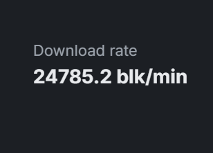 A dark interface displays a "Download rate" of **24785.2 blk/min** for DogeGo. This metric reflects the post's claim of an impressive ~20k blocks per minute sync speed for the Dogecoin blockchain, significantly exceeding the post's own initial estimate.