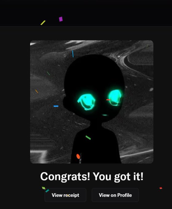 A "Congrats! You got it!" receipt screen featuring a dark silhouette of a character with glowing teal eyes, with buttons to "View receipt" and "View on Profile".
