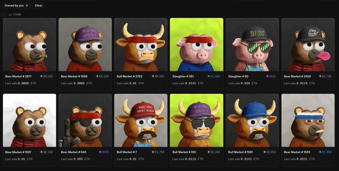 The image displays a grid of 12 Pudgy Penguins-style NFT character collectibles (bears, bulls, and sloths) with various hats and accessories, listed for sale with prices in ETH ranging from 0.01 to 0.1519. The post "FOR SALE! dm FOR A BARGAIN! @Brrrbon" corresponds to the "Owned by you" label at the top, indicating the seller is offering discounts on their collection of NFT items numbered #357, #1548, #2783, #501, #80, #2459, #697, #640, #7, #570, #1581, and #1023.