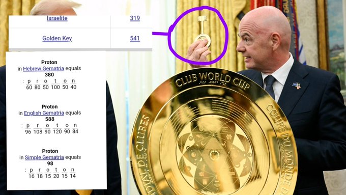 The image features a man holding up a gold key with a purple circle around it. The key appears to be a golden record or a golden key, which could possibly represent a symbol of wealth or power. In the background, there are two other people present - one person is standing behind the man holding the key and another person is sitting on a chair.