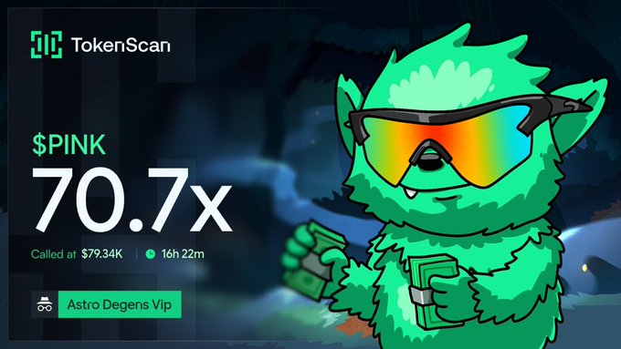 A TokenScan graphic displays "$PINK" achieving a 70.7x gain, called at $79.34K with 16h 22m remaining, tagged "Astro Degens Vip" alongside a green furry mascot wearing rainbow ski goggles. The image reflects the trader's celebratory post about locking in profits (+38 SOL/$4,200) and preparing to airdrop rewards to followers after a successful day of spotting gems.