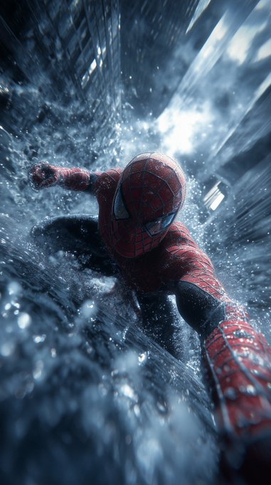 Spider-Man is captured in a dramatic action shot, lunging forward through a cascading waterfall of water with one arm extended toward the camera, his iconic red and blue suit visible against the dynamic spray.