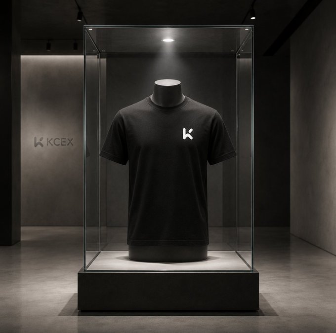 A black t-shirt with a white 'K' logo displayed inside a glass exhibit case in a dark gallery, with 'KCEX' branding on the wall.