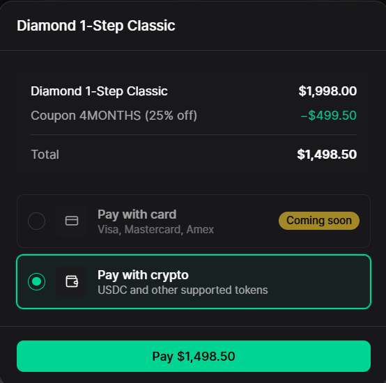 A cryptocurrency checkout screen for a 'Diamond 1-Step' plan showing a subtotal of $1,998.00, a '4MONTHS' coupon discount of -$499.50, a final total of $1,498.50, and payment options for card (Coming soon) and crypto (USDC).