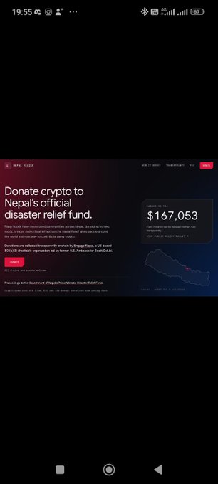 A mobile screenshot of the Nepal Relief page displaying 'Donate crypto to Nepal's official disaster relief fund' with a current donation amount of $167,053.