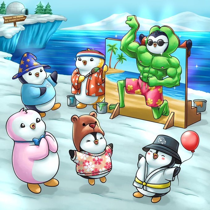 A cartoon illustration shows several penguins dressed in various outfits—including a wizard, floral shirt, and martial arts uniform—gathered on a snowy beach, with one muscular penguin wearing sunglasses and shorts on a lounge chair.
