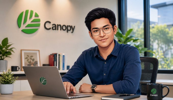 AI-generated illustration of a young man with glasses working on a laptop branded with the 'Canopy' logo, in an office setting with matching Canopy signage and mug.
