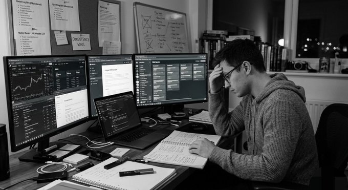 The image shows a man sitting at a desk with multiple computer screens in front of him. He appears to be working or studying, as he has his head resting on his hand while looking down at some papers. The scene takes place in an office setting, which is indicated by the presence of chairs and other work-related items such as books and a laptop.

The post that this image belongs to talks about consistency winning in crypto trading, suggesting that the man might be involved in cryptocurrency trading or has been trading consistently for some time. The post also mentions that he has abandoned more wallets than he can remember, which could imply that his focus on consistency may have led him to prioritize certain aspects of his life over others.