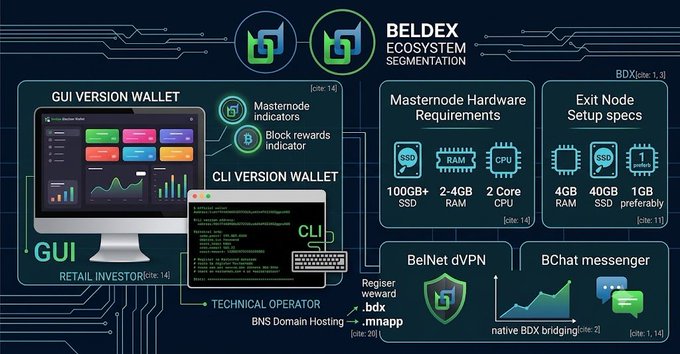 A technical infographic titled 'BELDEX ECOSYSTEM SEGMENTATION' detailing GUI/CLI wallets, masternode hardware requirements, BelNet dVPN, and BChat messenger.