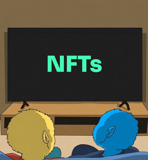 Cartoon illustration of two blue/yellow characters sitting on a couch watching a TV screen that displays the text 'NFTs' in green.