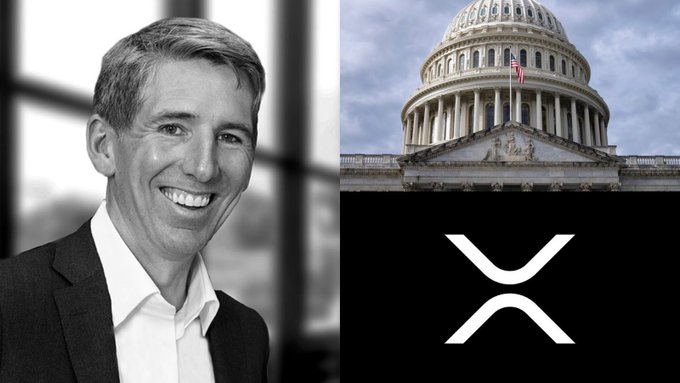The image is a three-panel composite: a black-and-white professional headshot of a smiling man in a suit (likely Bitwise CIO Matt Hougan), the U.S. Capitol dome, and the XRP logo on a black background—visually reinforcing the post's message about institutional interest in XRP and potential crypto regulatory clarity from the CLARITY Act.