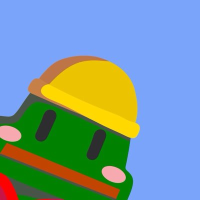 A cartoon frog-like character wearing a yellow hard hat peeks into the frame from the corner against a blue background, serving as the user's new profile picture. The image ties into the post by showing off the creator @baka_artist's original artwork that the user has adopted as their new profile photo, acknowledging them for the design.