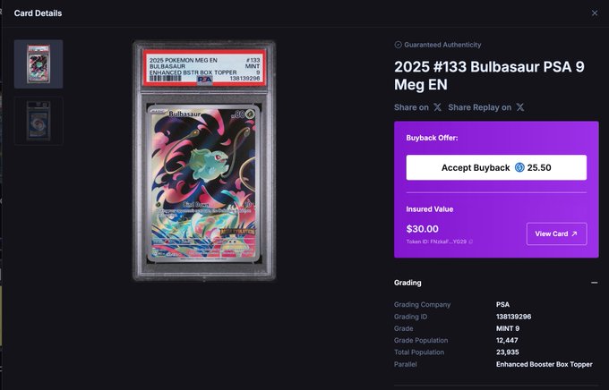 A digital card details page showing a PSA 9 graded 2025 Pokemon 'Bulbasaur' card (#133), with a buyback offer of $25.50 and an insured value of $30.00.
