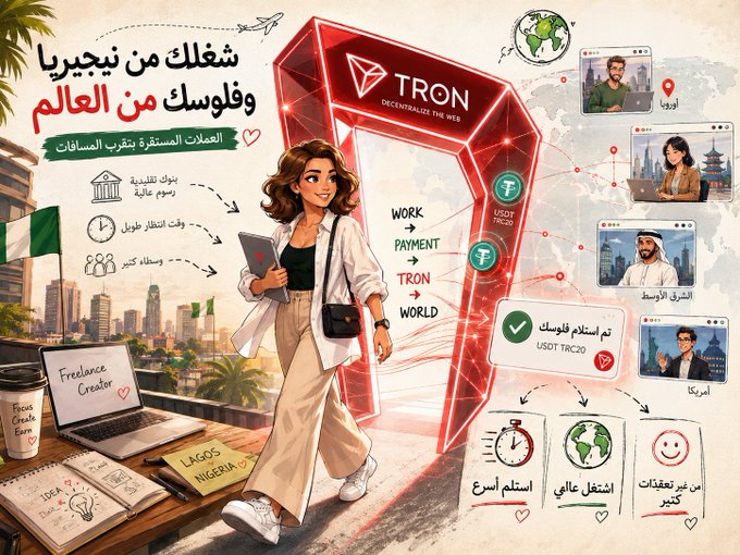 The image is an illustrated graphic featuring a young woman holding a tablet, standing beside a glowing red TRON logo, with surrounding imagery depicting global connectivity, the workflow "Work → Payment → TRON → World," and references to USDT/TRC20 stablecoins, Lagos Nigeria, and a freelancer creator. Text in Arabic translates roughly to "Your money from Nigeria, and your transfers are for the world — stablecoins solve the problem of the distances," highlighting how post text mentions TRON's USDT-TRC20 network as a fast and affordable stablecoin payment solution for Nigerian freelancers and creators sending money globally.
