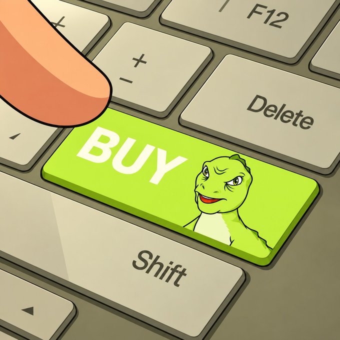 A finger presses a bright green 'BUY' key on a computer keyboard, with the 'BUY' text alongside a cartoon illustration of a smug-looking character on the key.