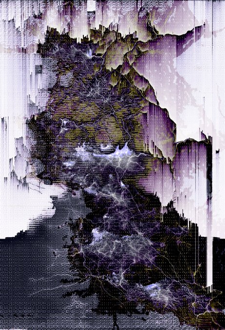 An abstract digital artwork featuring glitch-like distortions, pixelated textures, and jagged purple and white formations that resemble a fragmented face or mountainous landscape.