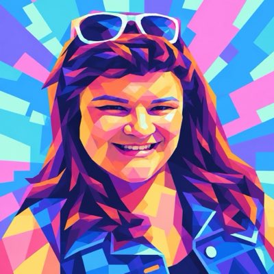 A colorful geometric pop-art style portrait of a smiling young woman with sunglasses on her head against a vibrant background.