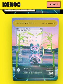 A yellow-themed web page for KENZO with a Submit button and an NFT card titled '2eneration' featuring a Shiba Inu character in a 90s vaporwave aesthetic.