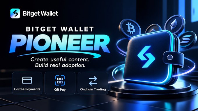 A promotional graphic for Bitget Wallet Pioneer reads 'Create useful content. Build real adoption.' with features for Card & Payments, QR Pay, and Onchain Trading.