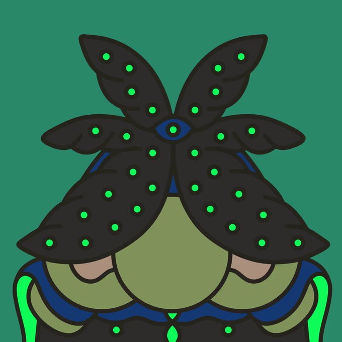 A symmetrical illustration of a figure wearing a large black headdress with green dots and a green visor, set against a teal background.