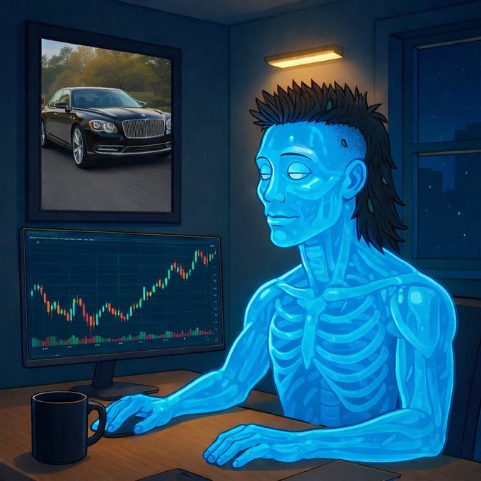 A stylized cartoon illustration of a translucent blue skeleton-like figure sitting at a desk looking at a stock/crypto chart on a monitor, with a Bentley car poster on the wall and a coffee mug nearby.