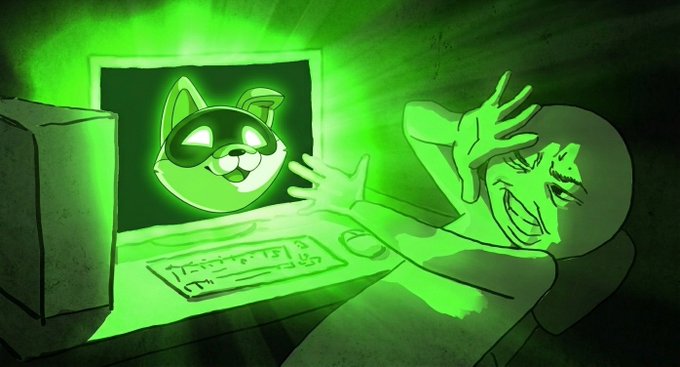A green-tinted illustration of a person at a computer looking terrified as a smiling cat-like creature appears on the monitor.