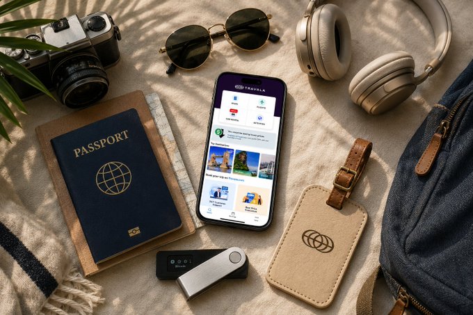A flat lay of travel essentials—a camera, sunglasses, headphones, passport, luggage tag, and hardware wallet—surrounds a smartphone displaying the TRAVALA app for booking crypto-friendly trips, perfectly capturing the post's message that crypto is an indispensable travel companion.
