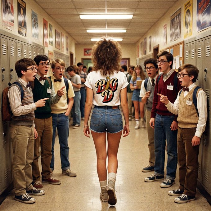 A school hallway scene where a girl in a white t-shirt with 'BGD' and denim shorts walks away from the camera, while a group of boys with glasses and bowties watch her in apparent surprise.